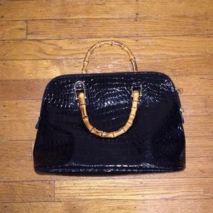 Bamboo handle black patent crocodile print bag